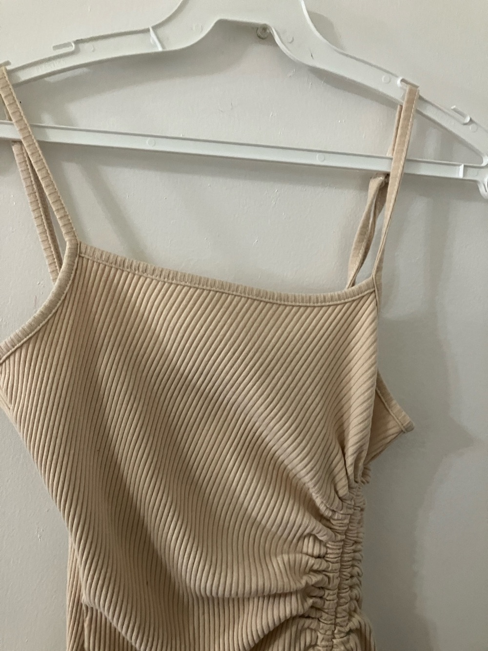 SHEIN Beige Ribbed Ruched Mini Dress - Picture 2 of 8